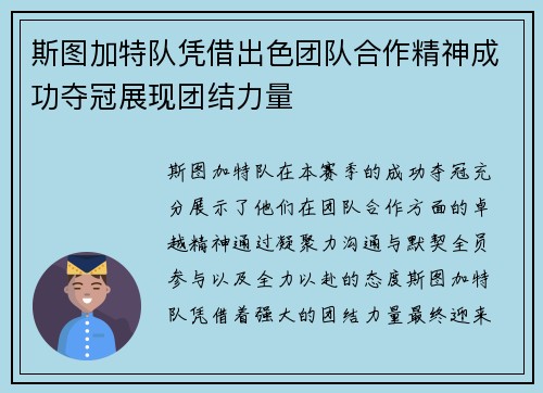 斯图加特队凭借出色团队合作精神成功夺冠展现团结力量