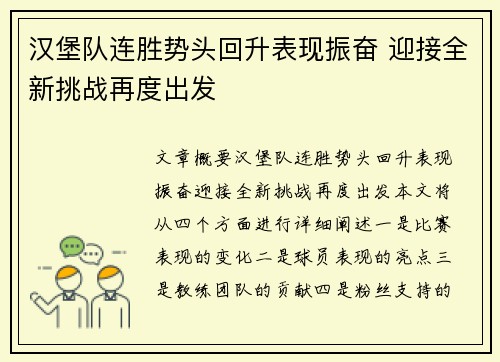 汉堡队连胜势头回升表现振奋 迎接全新挑战再度出发