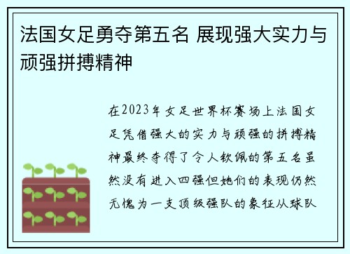 法国女足勇夺第五名 展现强大实力与顽强拼搏精神